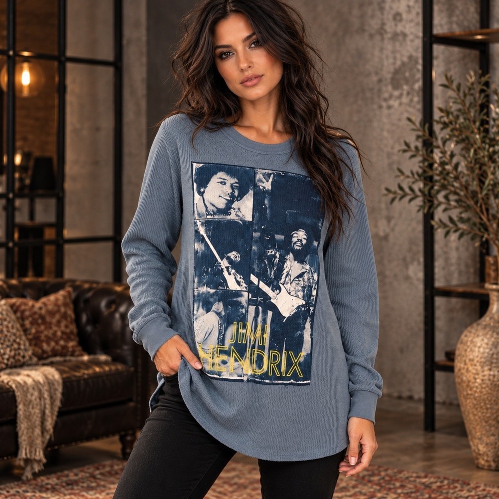 Zion Rootswear Jimi Hendrix Graphic Waffle Knit Thermal Long Sleeve Top Blue 1X